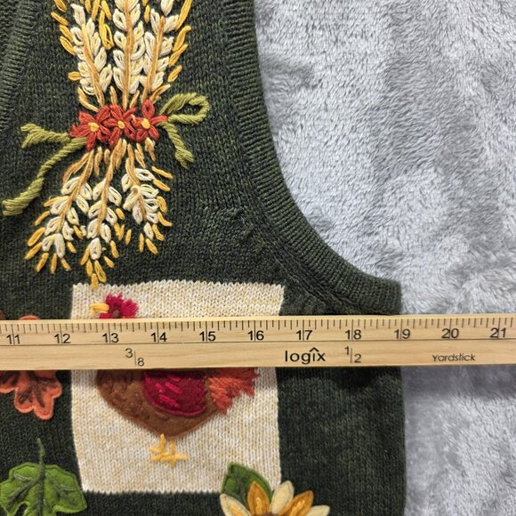Tiara International Sweater Vest Womens Large Green Embroidered Rooster Pumpkin - Picture 6 of 7